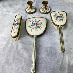 Vintage 1950s Embroidered Floral Vanity Set - Made in England